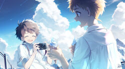 Rule 34 | 2boys, bishounen, blonde hair, blue sky, brown hair, buttons, camera, child, closed eyes, cloud, collared shirt, food, highres, holding, holding camera, ice cream, koe (mixpi), male focus, multiple boys, open mouth, original, petals, school uniform, shirt, short hair, sky, smile, soft serve, sweat