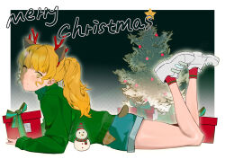 Rule 34 | 1girl, absurdres, animal ears, blonde hair, blue shorts, christmas, christmas tree, deer ears, fake animal ears, fake antlers, from side, gift, green eyes, green sweater, hair behind ear, heanna sumire, highres, long hair, looking at viewer, love live!, love live! superstar!!, lying, on stomach, ponytail, red socks, shamayika, shoes, shorts, smile, sneakers, snowman, socks, solo, sweater, turtleneck, turtleneck sweater, white footwear