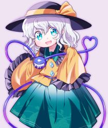 Rule 34 | 1girl, black hat, blush, blush stickers, child, female focus, flat chest, floral print, frilled shirt, frilled sleeves, frills, green eyes, green skirt, grey hair, hand up, happy, hat, hat ribbon, heart, heart of string, komeiji koishi, long sleeves, looking at viewer, lotosu, medium hair, open mouth, orange ribbon, orange shirt, purple background, purple outline, ribbon, shirt, sidelocks, simple background, skirt, sleeves past fingers, sleeves past wrists, smile, solo, standing, third eye, touhou, wavy hair, wide sleeves
