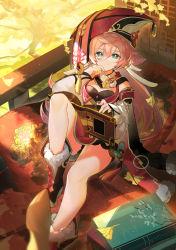 Rule 34 | 1girl, absurdres, antlers, book, boots, day, from above, genshin impact, green eyes, hair between eyes, hayama eishi, highres, holding, holding book, horns, legs, long hair, looking at viewer, looking up, pink hair, red footwear, red headwear, sitting, smile, solo, thighs, yanfei (genshin impact)