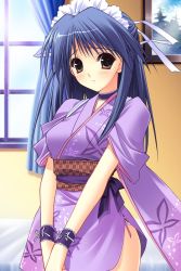 Rule 34 | 1girl, blue hair, blush, brown eyes, choker, grey eyes, hair ribbon, highres, japanese clothes, karin (ne~pon? x rai pon!), kimono, long hair, maid, ne~pon? x rai pon!, ribbon, short kimono, smile, solo, suzuhira hiro, wa maid, wristband