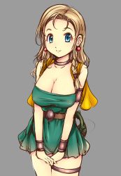 Rule 34 | 1girl, bianca (dq5), blonde hair, blue eyes, braid, breasts, cape, choker, cleavage, closed mouth, dragon quest, dragon quest v, dress, earrings, highres, jewelry, katori (mocchidou), large breasts, long hair, looking at viewer, simple background, single braid, smile, solo, thigh strap