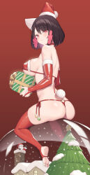 1boy 1girl absurdres ass bikini black_hair box breasts bridal_gauntlets christmas cloba commentary english_commentary fake_tail from_behind gift gift_box hat highres holding holding_box holding_gift looking_at_viewer looking_back medium_breasts original player_2_(cloba) rabbit_tail red_background red_bikini red_hat santa_claus santa_hat short_hair sideboob smile soles solo_focus swimsuit tail thighs toes