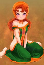 Rule 34 | 1girl, :q, bare shoulders, barefoot, between legs, blush, breasts, brown background, closed mouth, collarbone, curly hair, dragon quest, dragon quest vii, feet, hand between legs, head scarf, highres, long hair, looking at viewer, magarinariya, maribel (dq7), no bra, no panties, off shoulder, orange ribbon, purple eyes, red hair, ribbon, sideboob, simple background, sitting, small breasts, solo, tongue, tongue out, underboob, wariza
