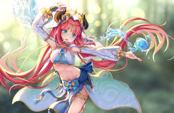 Rule 34 | 1girl, :d, arm up, blurry, blurry background, breasts, brooch, circlet, clothing cutout, commentary, crop top, dancer, floating hair, forehead jewel, genshin impact, gold trim, green eyes, harem outfit, highres, horns, jewelry, leg up, long hair, long sleeves, looking to the side, navel, neck ring, nilou (genshin impact), open mouth, outstretched hand, parted bangs, parted lips, puffy long sleeves, puffy sleeves, red hair, shirakawafel, skirt, small breasts, smile, solo, standing, standing on one leg, stomach, thighlet, thighs, twintails, twitter username, vambraces, veil, very long hair, vision (genshin impact), water