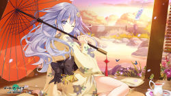 Rule 34 | 1girl, black bow, bow, bug, butterfly, cherry blossoms, copyright name, cup, date a live, day, floating hair, floral print, grey eyes, highres, insect, izayoi miku, japanese clothes, kimono, long hair, looking at viewer, looking back, one eye closed, outdoors, plate, print kimono, side slit, silver hair, solo, sunset, teacup, teapot, very long hair, yellow kimono