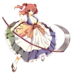 Rule 34 | &gt;:), 1girl, absurdres, bad id, bad pixiv id, breasts, cleavage, dress, female focus, full body, hair bobbles, hair ornament, highres, ju-zika, large breasts, no bra, onozuka komachi, red eyes, red hair, scythe, short hair, smile, solo, tabi, tareme, touhou, transparent background, twintails, two side up, v-shaped eyebrows