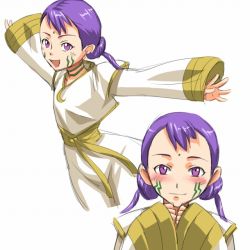 Rule 34 | 00s, 1girl, blush, cloak, eureka seven, eureka seven (series), facial mark, forehead mark, long sleeves, looking at viewer, mosha, open mouth, outstretched arms, purple eyes, purple hair, sakuya (eureka seven), sleeves past wrists, solo, tattoo, twintails, white background