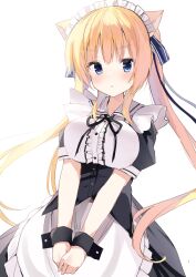 Rule 34 | 1girl, alternate costume, animal ears, apron, black dress, black ribbon, black wrist cuffs, blonde hair, blue eyes, blush, breasts, cat ears, center frills, commentary, cowboy shot, dress, enmaided, eyes visible through hair, fake animal ears, floating hair, frilled apron, frills, hair between eyes, hair ribbon, highres, impossible clothes, large breasts, long hair, looking at viewer, maid, maid apron, maid headdress, neck ribbon, parted lips, puffy short sleeves, puffy sleeves, ribbon, sakuragi roofolet ashe, shirt, short sleeves, shy, sidelighting, sidelocks, simple background, solo, standing, takepoison, twintails, v-shaped eyebrows, v arms, very long hair, wagamama high spec, white apron, white background, white shirt, wrist cuffs