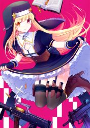 Rule 34 | 1girl, assault rifle, black dress, black gloves, blonde hair, blush, book, boots, braid, breasts, brown footwear, brown thighhighs, bullet, bullpup, chain, closed mouth, commentary request, corset, cross, dress, fingerless gloves, fingernails, frilled dress, frilled gloves, frills, gloves, habit, heterochromia, high heel boots, high heels, highres, holster, kashiwaba en, knife, knife sheath, latin cross, long hair, looking at viewer, medium breasts, micro uzi, nail polish, nun, open book, orange eyes, orange nails, original, ots-14 groza, puffy short sleeves, puffy sleeves, purple nails, red eyes, sheath, short sleeves, skirt hold, smile, solo, thighhighs, thighhighs under boots, very long hair, weapon, weapon request