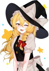 Rule 34 | 1girl, ;d, apron, black hat, blonde hair, bow, braid, fang, hat, hat bow, highres, kirisame marisa, long hair, looking at viewer, majime joe, one eye closed, open mouth, puffy sleeves, short sleeves, smile, solo, star (symbol), touhou, waist apron, white bow, witch hat, yellow eyes