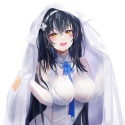 Rule 34 | 1girl, bad id, bad pixiv id, black hair, breasts, cleavage, coat, coat over head, dano, dress, elbow gloves, girls&#039; frontline, gloves, headband, large breasts, long hair, looking at viewer, personification, see-through, sleeveless, sleeveless dress, smile, solo, type 95 (girls&#039; frontline), wet, wet clothes, white background, white coat, white gloves