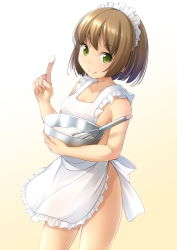 Rule 34 | 1girl, :q, apron, bare arms, bare shoulders, beige background, blush, bowl, breasts, brown hair, closed mouth, commentary request, cowboy shot, fingernails, frilled apron, frills, gradient background, green eyes, highres, holding, holding bowl, index finger raised, looking at viewer, maid apron, maid headdress, naked apron, original, shibacha, sideboob, small breasts, smile, solo, standing, tongue, tongue out, whisk, white apron, white background