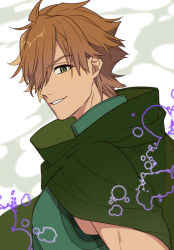 Rule 34 | 1boy, brown hair, cloak, fate/extra, fate (series), green cloak, green eyes, green shirt, hair over one eye, karokuchitose, male focus, parted lips, robin hood (fate), shirt, sleeveless, sleeveless shirt, smile, solo, upper body, v-shaped eyebrows