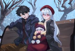 Rule 34 | baby, bench, black hair, blue eyes, closed eyes, coat, fate/grand order, fate (series), father and child, fujimaru ritsuka (male), gloves, hat, highres, if they mated, kama (fate), long hair, mother and child, obazzotto, pacifier, red eyes, tagme, white hair, winter, winter clothes, winter coat