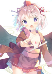 Rule 34 | 1girl, black wings, blurry, blurry foreground, blush, breasts, brown kimono, collarbone, commentary request, depth of field, fang, feathered wings, hairband, hat, head tilt, indie virtual youtuber, japanese clothes, kimono, light brown hair, long sleeves, looking at viewer, mini hat, obi, open clothes, open mouth, purple eyes, red hairband, red headwear, red ribbon, ribbon, tenbou, sash, senba kurono, short eyebrows, small breasts, solo, tengu, thick eyebrows, tokin hat, virtual youtuber, white background, wings, yuizaki kazuya