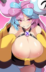 Rule 34 | 1girl, absurdres, alternate breast size, areola slip, blue hair, blush, border, bow-shaped hair, breasts, character hair ornament, cleavage, clenched teeth, collarbone, creatures (company), evil smile, game freak, hair ornament, highres, huge breasts, iono (pokemon), jacket, konno tohiro, light blue hair, long hair, looking at viewer, multicolored hair, nintendo, oversized clothes, pink background, pink eyes, pink hair, pokemon, pokemon sv, sharp teeth, simple background, sleeves past fingers, sleeves past wrists, smile, solo, teeth, thighs, two-tone hair, white background, white border, x, yellow jacket