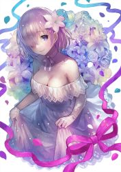 Rule 34 | 1girl, breasts, choker, cleavage, collarbone, dress, fate/grand order, fate (series), flower, gloves, hair flower, hair ornament, hair over one eye, highres, large breasts, looking at viewer, mash kyrielight, mash kyrielight (formal dress), official alternate costume, pink hair, purple eyes, purple ribbon, ribbon, ribbon choker, short hair, skirt hold, sleeveless, sleeveless dress, smile, solo, strapless, strapless dress, terai (teraimorimori), white dress, white flower, white gloves, white ribbon