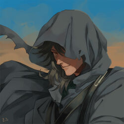 Rule 34 | 1boy, blue sky, chinese commentary, clear sky, cloak, closed mouth, commentary request, dated commentary, desert, grey cloak, grey hair, hair between eyes, hood, hood up, hooded cloak, long bangs, looking at viewer, male focus, medium hair, orange eyes, outdoors, ragnarok online, shaded face, shadow cross (ragnarok online), signature, sky, smile, solo, upper body, z.i