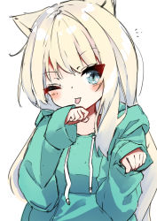 Rule 34 | 1girl, animal ears, blonde hair, blue eyes, blush, closed mouth, drawstring, green hoodie, hamaru (s5625t), hands up, hood, hood down, hoodie, long hair, long sleeves, one eye closed, original, simple background, sleeves past wrists, solo, tongue, tongue out, upper body, very long hair, white background