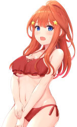 Rule 34 | 1girl, absurdres, ahoge, bare shoulders, bikini, blue eyes, blunt bangs, blush, breasts, cleavage, collarbone, commentary, fingernails, frilled bikini, frills, go-toubun no hanayome, groin, hair ornament, halterneck, highres, inanaki shiki, long hair, looking at viewer, medium breasts, nail polish, nakano itsuki, navel, open mouth, pink nails, ponytail, red hair, side-tie bikini bottom, sidelocks, simple background, solo, standing, star (symbol), star hair ornament, stomach, sweatdrop, swimsuit, underboob, white background