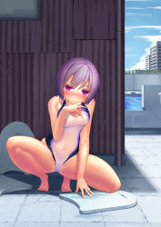 Rule 34 | 1girl, absurdres, barefoot, blue hair, blush, competition swimsuit, dobunezumi, highres, kickboard, looking at viewer, naughty face, one-piece swimsuit, original, pool, pussy juice, pussy juice trail, red eyes, short hair, smile, solo, spread legs, squatting, swimsuit, tile floor, tiles, wet