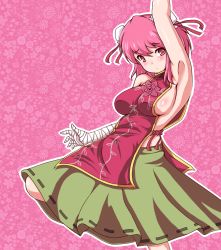 Rule 34 | 1girl, armpits, arms up, bare shoulders, blush, breasts, dress, female focus, hair ornament, ibaraki kasen, large breasts, moisture (chichi), pink eyes, pink hair, short hair, sideboob, skirt, solo, standing, touhou