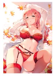 Rule 34 | 1girl, absurdres, arm up, armpits, autumn leaves, blunt bangs, bra, breasts, cleavage, collarbone, garter belt, hair ornament, hand up, highres, kat (bu-kunn), lace, lace-trimmed bra, lace trim, large breasts, lingerie, long hair, long sleeves, looking at viewer, lying, navel, no pants, on side, open clothes, open mouth, open shirt, original, panties, panties over garter belt, parted lips, pink hair, pink thighhighs, red bra, red panties, scan, shirt, solo, stomach, thighhighs, underwear, white shirt, yellow eyes