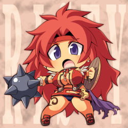 Rule 34 | 1girl, character name, chibi, long hair, looking at viewer, open mouth, purple eyes, queen&#039;s blade, red hair, risty (queen&#039;s blade), shield, solo, uccow, very long hair, weapon
