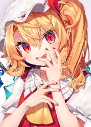 Rule 34 | 1girl, arms up, ascot, blonde hair, commentary request, fingernails, flandre scarlet, gunjou row, hair between eyes, hand on own face, hand on own wrist, hat, hat ribbon, highres, looking at viewer, mob cap, nail polish, one side up, open mouth, puffy short sleeves, puffy sleeves, red eyes, red nails, red vest, ribbon, shirt, short hair, short sleeves, slit pupils, solo, tongue, tongue out, touhou, upper body, vest, white hat, white shirt, wings, yellow ascot