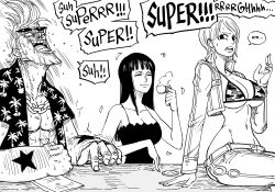 Rule 34 | 1boy, 1koma, 2girls, ^^^, ^ ^, absurdres, bb (baalbuddy), bikini, bikini over clothes, bikini top only, blush, breasts, chain, cleavage, closed eyes, closed mouth, comic, cropped jacket, cup, dress, drooling, english text, franky (one piece), fucked silly, greyscale, hana hana no mi, head back, height difference, highres, holding, holding cup, jacket, large breasts, long hair, long sleeves, monochrome, motion lines, multiple girls, muscular, muscular male, nami (one piece), navel, nico robin, one piece, open clothes, open jacket, open mouth, open shirt, pants, pectorals, short hair, shouting, sideburns, sitting, smile, snot, stomach, sunglasses, sweat, nervous sweating, swimsuit, trembling, underboob