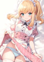 Rule 34 | 1girl, alice gear aegis, apron, bed sheet, blonde hair, blue panties, blush, bow, bow panties, buttons, closed mouth, clothes lift, collared dress, commentary request, dress, dress lift, frilled apron, frilled dress, frills, green eyes, highres, kakerayuri, lifted by self, long hair, looking at viewer, lying, maid, maid headdress, noelle francesca, on back, panties, pink thighhighs, ponytail, puffy short sleeves, puffy sleeves, short sleeves, sidelocks, solo, striped clothes, striped dress, thighhighs, underwear, wrist cuffs