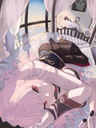 Rule 34 | astral promax, bed, curtains, full body, highres, hololive, hololive english, looking at viewer, lying, mori calliope, mori calliope (1st costume), on side, pink hair, red eyes, sky, virtual youtuber, window