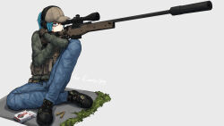 Rule 34 | 1girl, aze (tyranno-link), baseball cap, black-framed eyewear, blue eyes, blue hair, blue pants, brown gloves, brown hat, bullet, camouflage footwear, closed mouth, commentary request, commission, ear protection, glasses, gloves, green jacket, grey background, gun, hat, highres, hugging object, jacket, knee up, original, pants, rifle, scope, shoes, simple background, sitting, skeb commission, sniper rifle, solo, weapon, weapon request