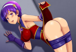 Rule 34 | 1girl, against wall, asamiya athena, ass, bike shorts, bike shorts pull, blush, breasts, chinese clothes, clothes lift, come hither, covered erect nipples, fingerless gloves, gloves, large breasts, legs, lifting own clothes, looking at viewer, looking back, naughty face, open mouth, purple eyes, short hair, sideboob, smile, snk, solo, the king of fighters, the king of fighters 2001, thighs, tsumitani daisuke