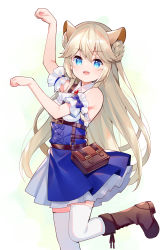 Rule 34 | 1girl, :d, arm up, bare shoulders, blue eyes, blue skirt, boots, braid, breasts, brown footwear, collared shirt, commentary request, copyright request, cross-laced footwear, double bun, dress, feet out of frame, hair between eyes, hair bun, hand up, highres, lace-up boots, light brown hair, long hair, looking at viewer, medium breasts, meito (maze), open mouth, pleated dress, shirt, skirt, sleeveless, sleeveless shirt, smile, solo, standing, standing on one leg, thighhighs, thighhighs under boots, very long hair, white shirt, white thighhighs
