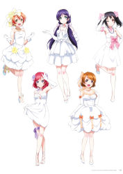 Rule 34 | 5girls, absurdres, armpits, black hair, dress, full body, green eyes, highres, jewelry, long hair, looking at viewer, love live!, love live! school idol project, multiple girls, necklace, official art, open mouth, orange hair, page number, red eyes, red hair, scan, simple background, smile, standing, thigh strap, thighhighs, wedding dress, white background, zettai ryouiki