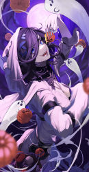 Rule 34 | 1girl, absurdres, arm up, belt, blacktail hihi, blue eyes, blurry, blurry foreground, breasts, cleavage, fingernails, full moon, ghost, granblue fantasy, hair ornament, highres, hooded robe, jack-o&#039;-lantern, lich (granblue fantasy), lich (halloween) (granblue fantasy), long hair, long sleeves, moon, nail polish, open mouth, purple hair, purple nails, robe, sharp fingernails, sharp teeth, skull, small breasts, smile, solo, standing, teeth, upper body, white robe