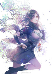 Rule 34 | 1girl, absurdres, boots, branch, breasts, cleavage cutout, clothing cutout, dagger, expressionless, falling petals, flower, from side, highres, holding, holding clothes, holding scarf, hua jianghu zhi bei mo ting, jewelry, knife, leg up, medium breasts, necklace, petals, scarf, short hair, solo, teeth, thighhighs, weapon, white background, yan liaojiao (hua jianghu)