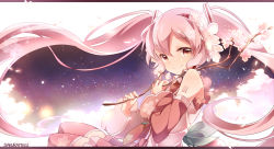 Rule 34 | 1girl, blush, character name, detached sleeves, flower, hair flower, hair ornament, hatsune miku, letterboxed, long hair, looking at viewer, necktie, pink eyes, pink hair, sakura miku, smile, solo, thighhighs, twintails, umiko (munemiu), vocaloid