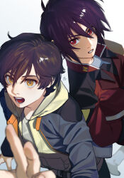 Rule 34 | 2boys, arm up, artist logo, banagher links, blurry, blurry foreground, brown hair, commentary request, cowlick, foreshortening, from above, grey shirt, gundam, gundam seed, gundam seed destiny, gundam unicorn, hair between eyes, hand in pocket, highres, hood, hoodie, in-franchise crossover, jacket, long sleeves, looking at viewer, looking up, male focus, military jacket, multicolored clothes, multicolored hoodie, multiple boys, open mouth, parted lips, purple hair, red eyes, red jacket, shinn asuka, shirt, short hair, simple background, teeth, upper body, ususio 11, v-shaped eyebrows, white background, yellow eyes