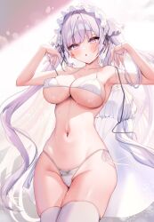 Rule 34 | 1girl, :o, ayuma sayu, bare shoulders, bikini, breasts, collarbone, commentary request, cowboy shot, hair ornament, hands up, highres, large breasts, long hair, looking at viewer, navel, open mouth, original, purple eyes, purple hair, side-tie bikini bottom, solo, sweat, swimsuit, thighhighs, thighs, twintails, underboob, white bikini, white thighhighs