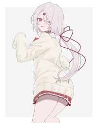 Rule 34 | 1girl, absurdres, cardigan, commentary request, grey background, grey hair, hair between eyes, hair ribbon, hands up, highres, long hair, long sleeves, looking at viewer, looking back, low ponytail, nijisanji, one eye closed, p kotai, pleated skirt, red ribbon, red skirt, ribbon, shiina yuika, shiina yuika (1st costume), shirt, skirt, sleeves past fingers, sleeves past wrists, smile, solo, standing, tongue, tongue out, very long hair, virtual youtuber, white cardigan, white shirt