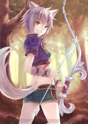 Rule 34 | 1girl, ahoge, animal ears, arrow (projectile), ass, back, bare shoulders, bow (weapon), crop top, fangs, fenrir (genkai tokki monster monpiece), fingernails, flipped hair, forest, from side, fukahire (ruinon), genkai tokki monster monpiece, grey hair, grin, hair between eyes, head tilt, holding, holding weapon, light rays, long fingernails, looking back, nail polish, nature, official art, orange eyes, outdoors, short hair, short shorts, short sleeves, shorts, slit pupils, smile, solo, sunbeam, sunlight, sunset, tail, tree, watermark, weapon, wolf ears, wolf tail, wrist wrap
