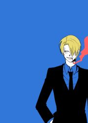 Rule 34 | 1boy, black necktie, blonde hair, blue background, blue shirt, cigarette, colored smoke, curly eyebrows, facial hair, formal, goatee, hair over one eye, hand in pocket, highres, male focus, necktie, one piece, ppyobong11, sanji (one piece), shirt, short hair, smile, smoke, solo, suit, upper body, wing collar