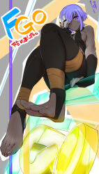 Rule 34 | 1girl, ankle wrap, arm support, bare shoulders, barefoot, breasts, cleavage, commentary request, dark skin, dark-skinned female, domino mask, fate/grand order, fate/prototype, fate/prototype: fragments of blue and silver, fate (series), feet, fingerless gloves, foot focus, from below, gloves, hassan of serenity (fate), holding, holding mask, mask, no shoes, pants, purple eyes, purple hair, short hair, sideboob, sitting, soles, solo, toe-point, toeless legwear, toes, torichamaru, twitter username