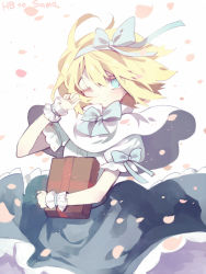 Rule 34 | 1girl, adapted costume, alice margatroid, alternate costume, blonde hair, blue eyes, blush, book, capelet, hairband, one eye closed, petals, puffy sleeves, ribbon, shirt, short hair, short sleeves, skirt, solo, touhou, upskirt, violet (qs312556616), wind, wrist cuffs