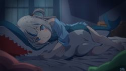 Rule 34 | 1girl, alternate costume, animal-shaped pillow, bare legs, barefoot, bedroom, blue eyes, blue hair, blue shirt, blurry, blush, closed mouth, commentary, dakimakura (object), depth of field, fins, fish tail, gawr gura, hair ornament, highres, hololive, hololive english, indoors, looking at viewer, matatabeat, medium hair, multicolored hair, hugging object, pillow, pillow hug, shark hair ornament, shark tail, shirt, short twintails, signature, silver hair, solo, streaked hair, tail, twintails, two-tone hair, virtual youtuber