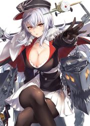 Rule 34 | 1girl, aircraft, airplane, akanagi youto, azur lane, black jacket, black pantyhose, breasts, cleavage, commentary, crossed legs, facing viewer, fur trim, gloves, graf zeppelin (azur lane), hair between eyes, hat, jacket, large breasts, long hair, looking at viewer, military, military uniform, miniskirt, outstretched arm, pantyhose, parted lips, peaked cap, red eyes, ship, silver hair, sitting, skirt, solo, uniform, watercraft, white skirt