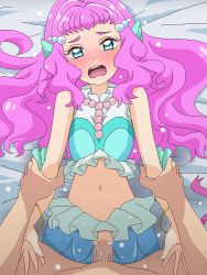 Rule 34 | 1boy, 1girl, arm grab, blue eyes, blush, censored, clothed sex, fins, head fins, holding, jaggy lines, laura (precure), long hair, mermaid, monster girl, mosaic censoring, navel, open mouth, penis, pink hair, pov, pov crotch, precure, sex, solo focus, tomu (tomubobu), tropical-rouge! precure, vaginal
